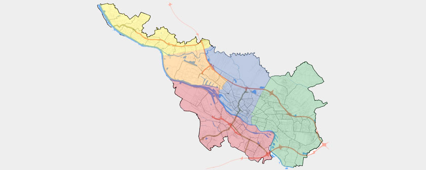 Eine Karte mit den Umrissen von Bremen in farblich gekenntzeichnete Bereiche eingeteilt