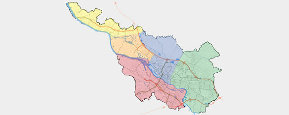 Eine Karte mit den Umrissen von Bremen in farblich gekenntzeichnete Bereiche eingeteilt