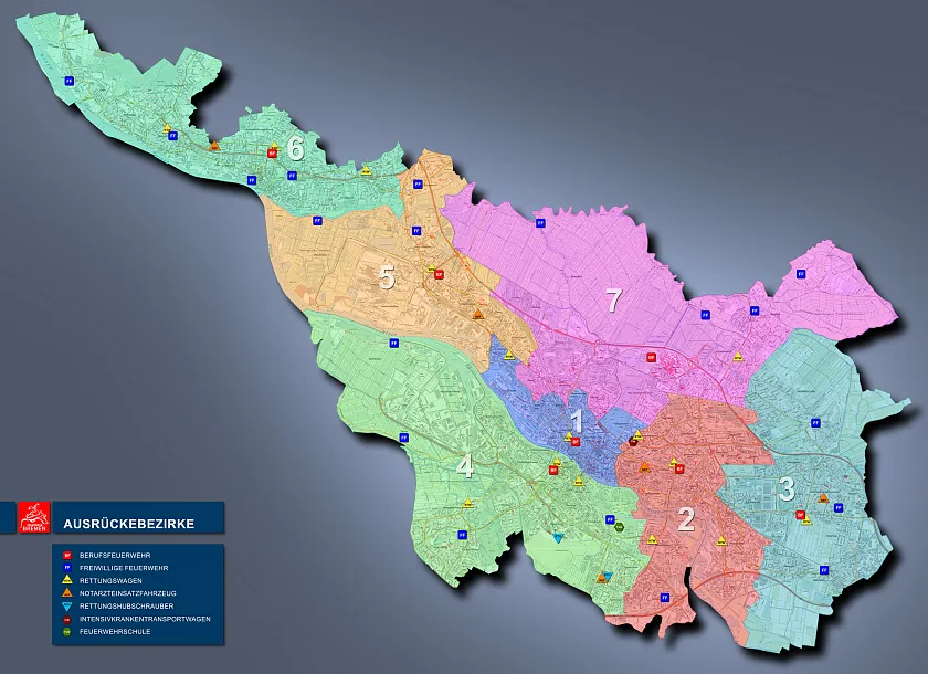 Grafik der Standorte der Feuerwehr Bremen.